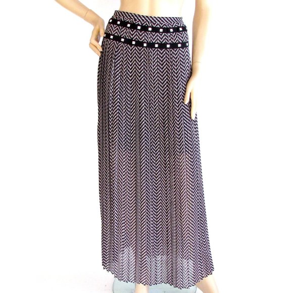 Michael Kors Black White Herringbone Pleated Stud Detail Long Designer Skirt 8